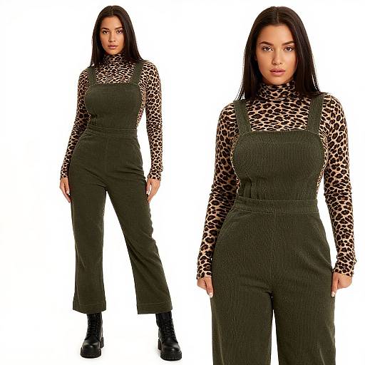 Photograph of a Latina woman with long black hair, wearing a black pinstripe jumpsuit over a leopard-print long-sleeve top, standing