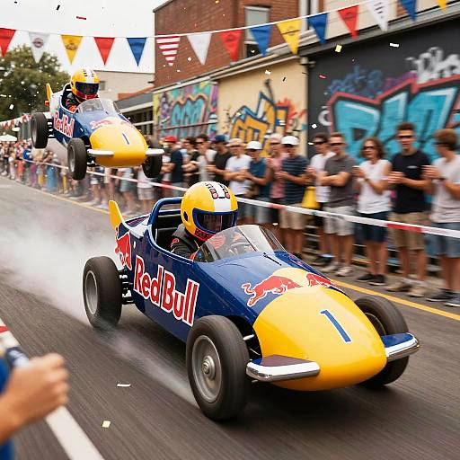 Photograph: Vibrant Red Bull racing cars with yellow noses, drivers in helmets, speed down street, crowd cheers, colorful bunting, graffiti background