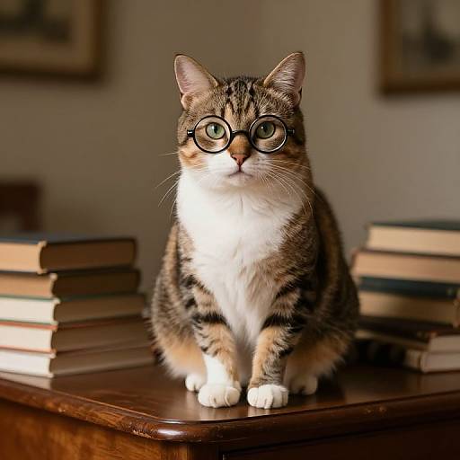 Photograph of a tabby cat with white chest and paws, wearing black-rimmed glasses, sitting on a wooden table stacked with books,