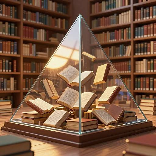 Photograph of a glass triangular display case holding floating open books, illuminated by warm light, in a library filled with bookshelves.