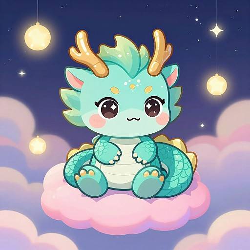 Cute digital illustration of a chibi-style, blue dragon with yellow antlers and scales, sitting on a pink cloud, under a starry night