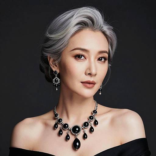 Digital portrait of an elegant Asian woman with silver hair, wearing black off-shoulder top, black teardrop earrings, and matching necklace, against