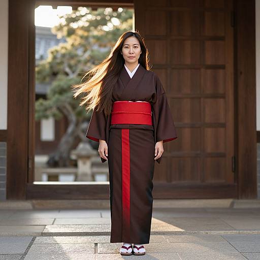 Photograph of a young Asian woman with long black hair, wearing a black kimono with a red obi, standing in front of a wooden door