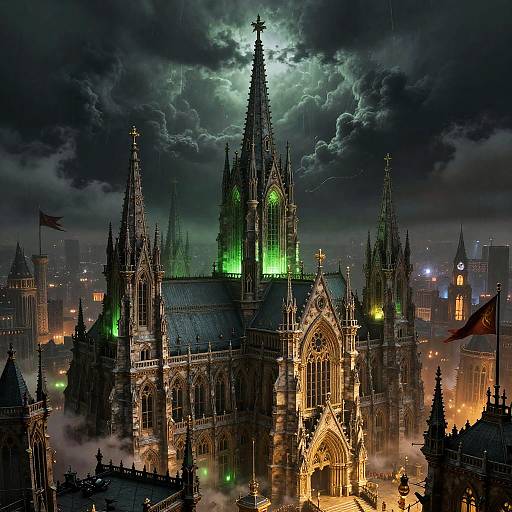 Photorealistic digital artwork of a Gothic cathedral illuminated with green lights, set against a stormy night sky with dramatic clouds.