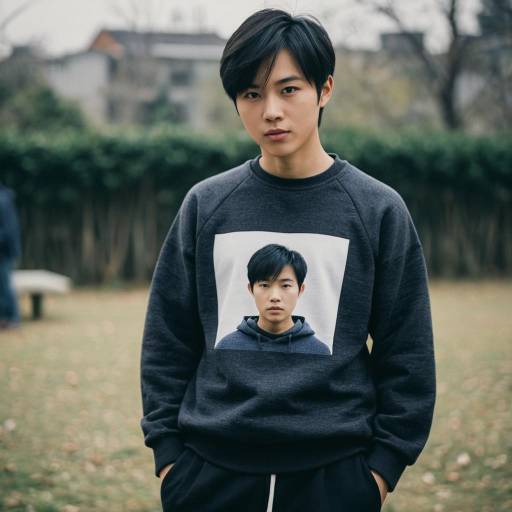 Young man wearing sweatshirt with printed photo