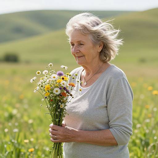 Photograph of an elderly woman with short gray hair, wearing a light gray sweater, holding a bouquet of wildflowers in a sunlit meadow.