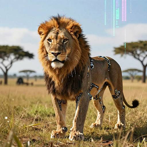 Cybernetic Lion on African Savanna