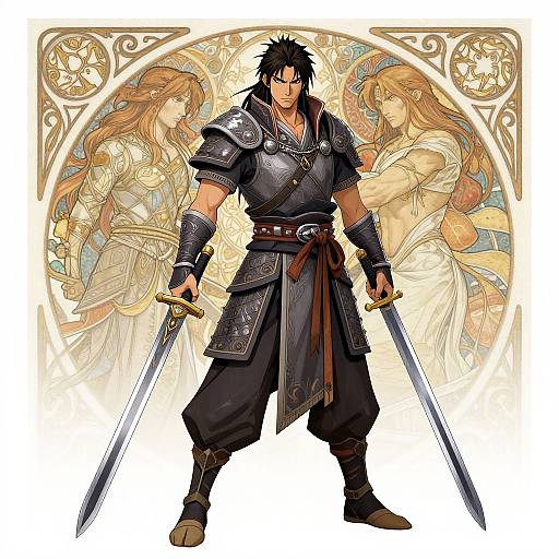Digital anime artwork of a muscular, black-haired warrior in dark armor, holding two swords, with two ethereal, brown-haired women in white dresses behind