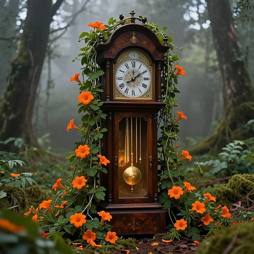 Photograph of a vintage wooden clock with an ornate design, surrounded by vibrant orange flowers and green foliage, set in a misty forest.