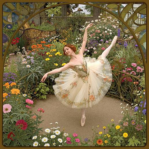 Digital artwork of a red-haired ballerina in a yellow, flower-embellished tutu, gracefully dancing in a vibrant, colorful garden arch