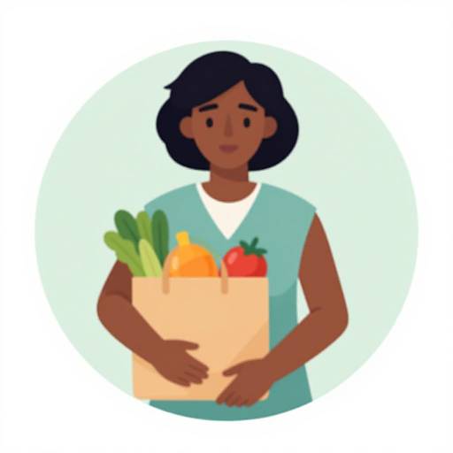 Digital illustration of a dark-skinned woman with short black hair, wearing a light blue sleeveless top, holding a paper bag filled with fresh vegetables and