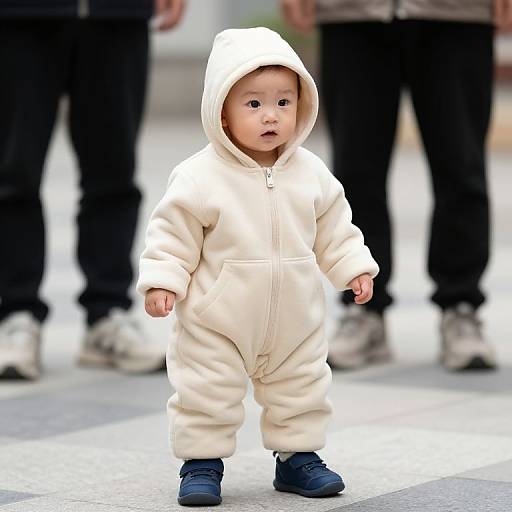 Baby in Hooded Outfit on Checkered Floor