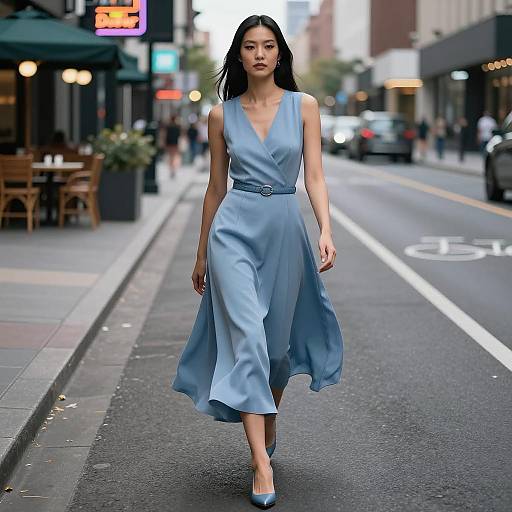 Confident Woman Walking in Blue Dress on City Street