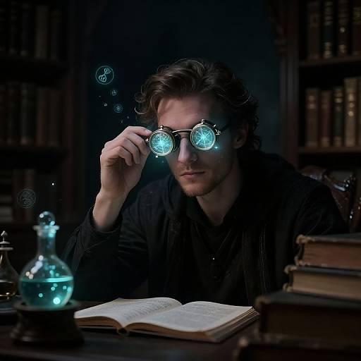 Photograph of a man with wavy brown hair, wearing black, adjusting glowing blue goggles, sitting at a dimly lit library table with books,
