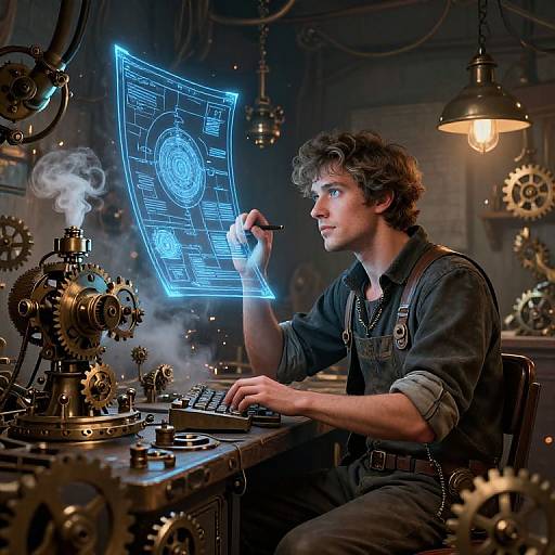 Steampunk scientist with curly brown hair, wearing dark overalls, holds glowing blue hologram over intricate gear-filled workshop under warm light.