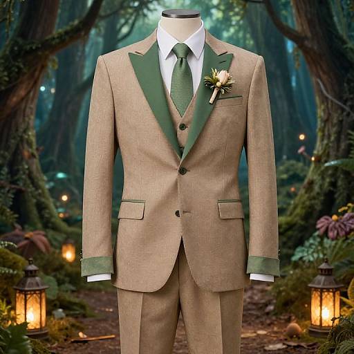 Photograph of a beige suit with green lapels, white shirt, green tie, and white boutonniere, displayed in a mystical forest with