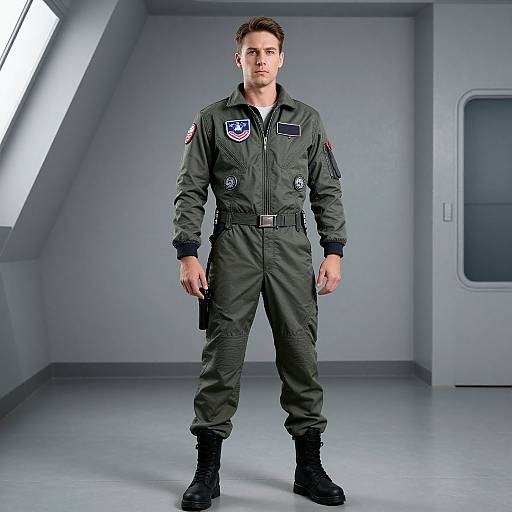 Photograph of a serious-looking male pilot in a dark green flight suit with patches, standing in a modern, gray-walled room with a window and