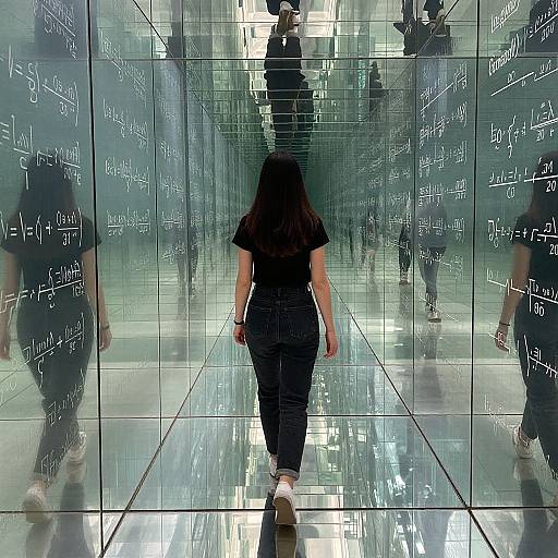 Photograph of a woman with long dark hair, black shirt, and pants, walking away in a glass-walled corridor with mathematical equations written on the