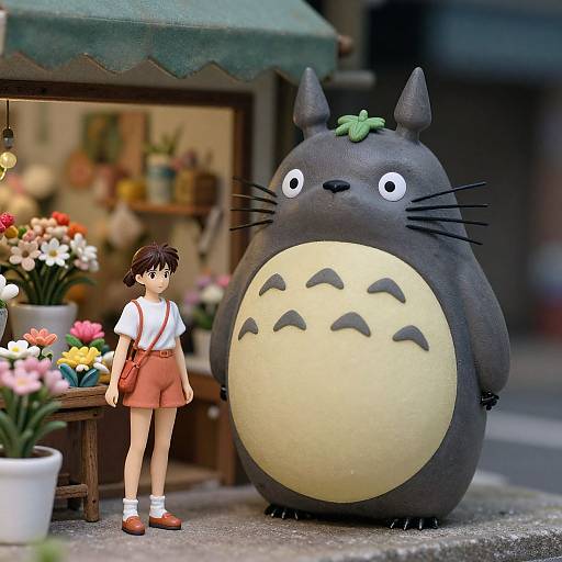 Photograph of a detailed doll girl with brown hair, white shirt, red skirt, standing beside a large Tare Mecha Tora plushie,