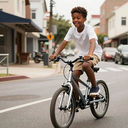 Photograph of a smiling Black boy with curly hair, wearing a white t-shirt and beige shorts, riding a black bicycle on a sunny street.