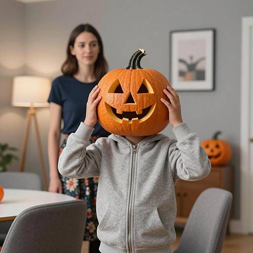 Child in Pumpkin Mask with Adult Presence