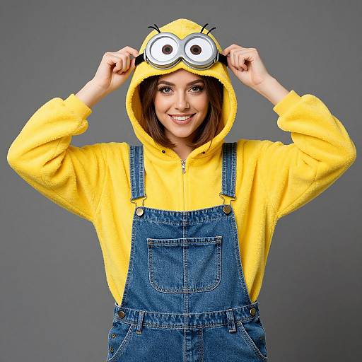 Photograph of a smiling woman in a yellow Minion hoodie with goggles on the hood, wearing blue denim overalls, against a gray background.