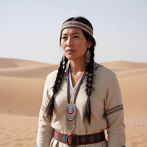 Photograph of a Native American woman with long black braids, wearing a beige traditional dress, headband, and intricate jewelry, standing in a sun