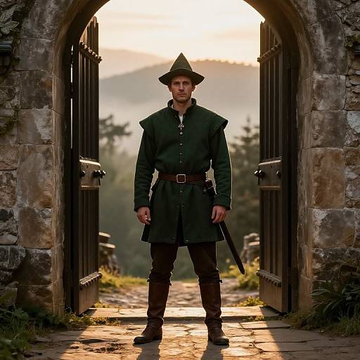 Photograph of a serious, fair-skinned man in medieval green tunic and hat, standing in a stone archway at sunset, with forest and