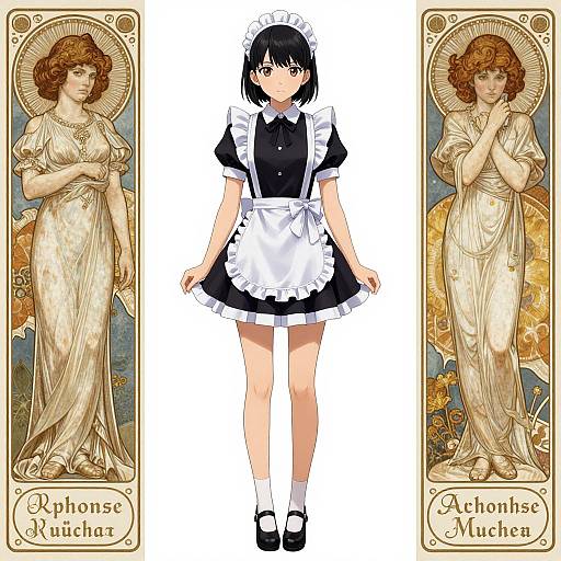Digital illustration of an anime-style maid between two Art Nouveau-inspired illustrations of Rhonsees Rauch and Archibald Muchler. The maid