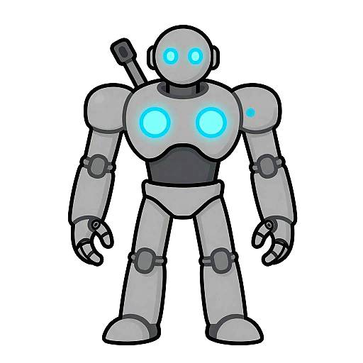 Digital drawing of a cartoon-style, gray robot with glowing blue eyes and joints, standing against a white background.