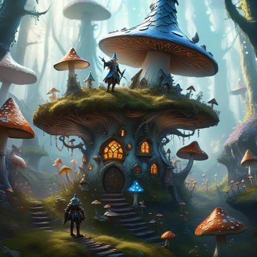 Fantasy Mushroom House with Elven Warriors