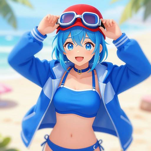 Anime-style digital drawing of a blue-haired girl with bright blue eyes, wearing a blue bikini, blue jacket, red goggles on her head, and a