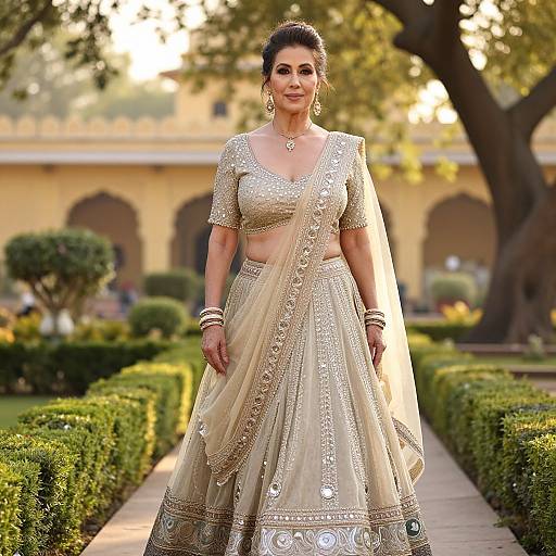 Photograph of an elegant Indian woman in a gold-embroidered traditional lehenga, standing confidently in a sunlit garden with manicured hedges