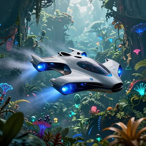 Digital art of a sleek, white, futuristic spaceship with glowing blue lights flying through a vibrant, bioluminescent jungle with colorful flowers and dense foliage