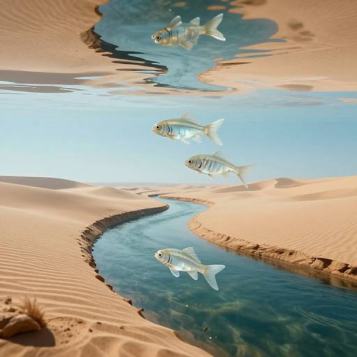Photograph of three silver fish swimming in a reflective desert oasis, with rippling water mirroring sand dunes and blue sky.