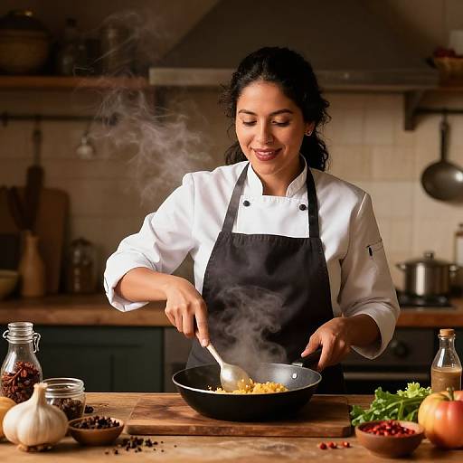 Photograph of a smiling South Asian woman in a white chef's coat and black apron, stirring a sizzling pan in a cozy kitchen.