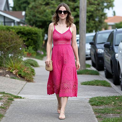 Photograph of a woman with wavy brown hair, wearing a pink lace dress, black sunglasses, and sandals, walking on a suburban sidewalk. She