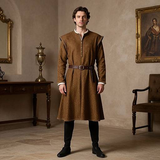 Photograph of a young man with short brown hair, wearing a brown medieval-style long tunic, black pants, and boots, standing in a vintage