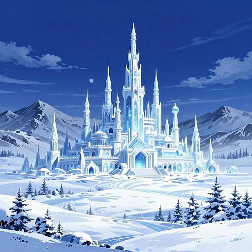 Digital illustration of a glowing, blue-lit, Gothic-style castle with multiple spires, set in a snowy mountain landscape under a deep blue, cloud