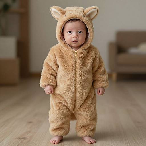 Photograph of a baby wearing a light brown, fuzzy, bear-themed onesie with ears, standing on wooden floor in a blurred living room.