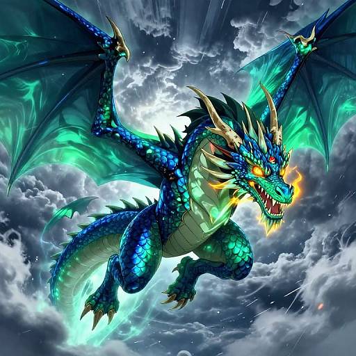 Digital artwork of a vibrant blue dragon with glowing green wings and fiery orange eyes, soaring through a stormy sky, emitting electric energy from its mouth.