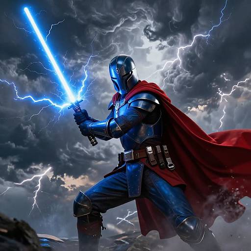 Digital artwork of a armored superhero wielding a glowing blue lightsaber amidst a stormy sky with lightning, wearing a red cape.