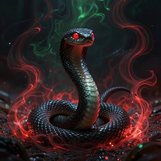 Digital art of a glowing, red-eyed black snake with fiery red and green smoke, coiled on a dark, rocky surface.