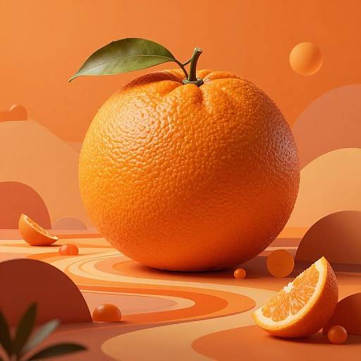 Photorealistic digital image of a vibrant orange orange with a green leaf, surrounded by orange slices and bubbles, on an orange swirl-patterned background.