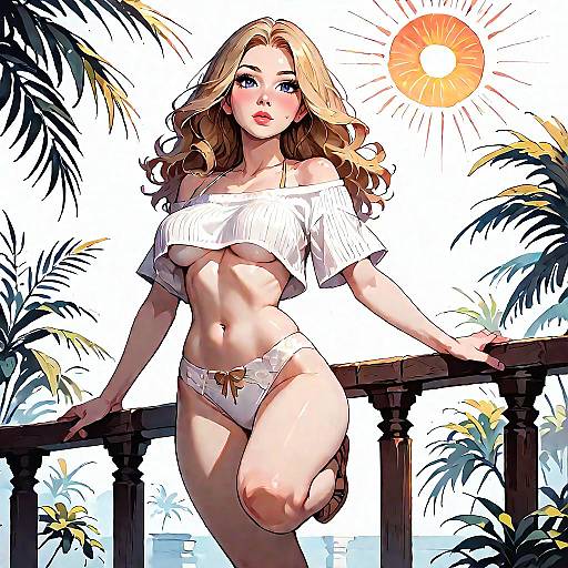 Sun-Kissed Blonde Woman in Tropical Terrace