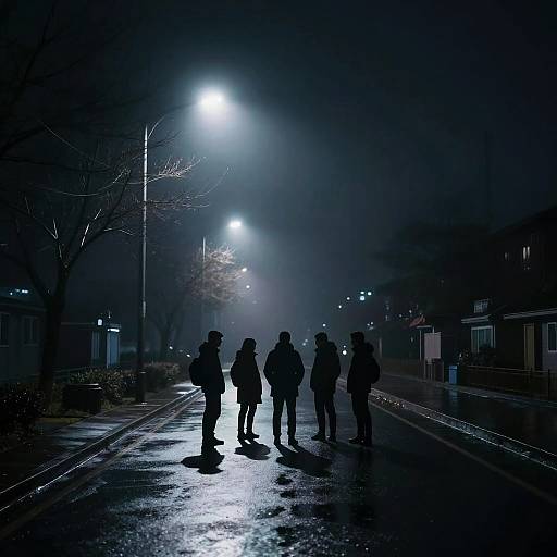 Silhouetted Group on Foggy Night Street