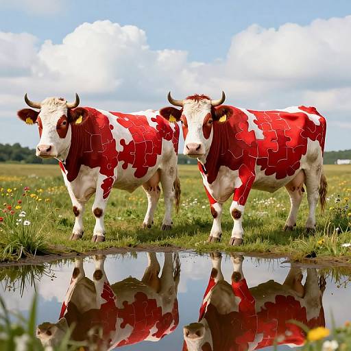 Photograph of two red and white Holstein cows standing in a grassy field with a reflective pond, under a bright blue sky with fluffy clouds.
