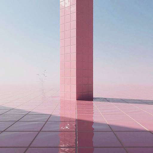 Pink Tiled Pillar with Reflection in Foggy Liminal Space