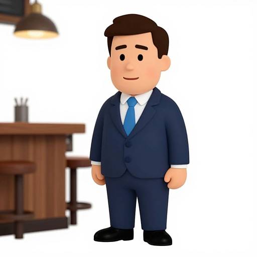 3D cartoon-style man with brown hair, wearing a navy suit, white shirt, and blue tie, standing in a blurred bar setting.