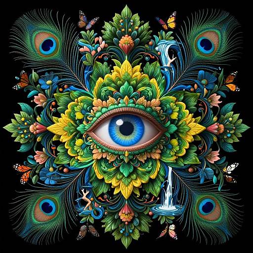 Vibrant digital art of a blue-eyed eye surrounded by colorful peacock feathers, sunflowers, butterflies, and waterfalls on a black background.